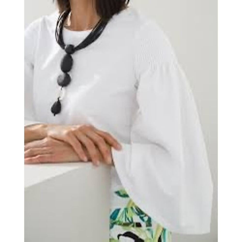 Chico's Women's White Casual 3/4 Sleeve Scoop Neck Smocked Shoulders SZ 3 US/XL - Picture 2 of 11